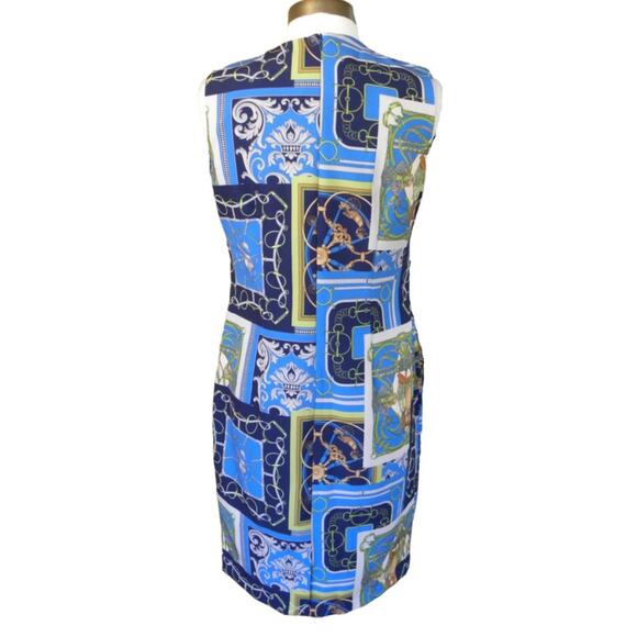 J. McLaughlin Belinda Sheath Dress Equestrian Heraldic Patchwork Print Blue - Picture 5 of 11